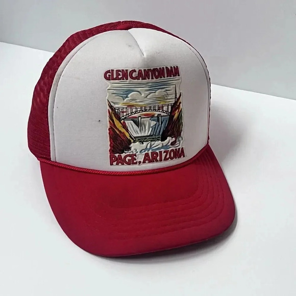 Vtg Glen Canyon Dam Page, AZ Adjustable Snapback Foam Trucker Hat/Cap Red/White - Picture 3 of 16